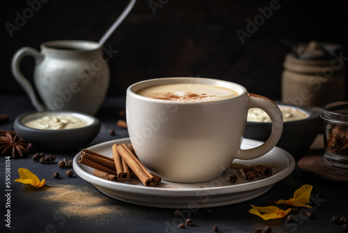 mug filled with ashwagandha latte  cinnamon stick and saucer. ai generative