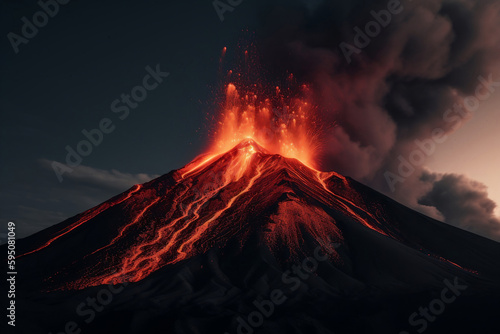 Lava descends on the volcano. eruption. ai generative