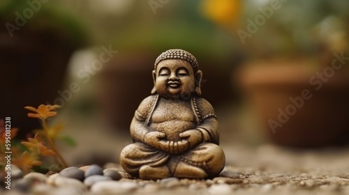 Nahaufnahme einer meditierenden, kleinen Buddha-Figur mit soft Fokus auf Zen Garten im Hintergrund, Generative AI