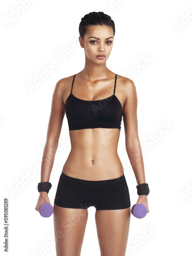 Body, portrait and woman with dumbbell isolated on a transparent, png background for exercise, training and gym. Bodybuilder, athlete or sports person with workout for stomach or lose weight results