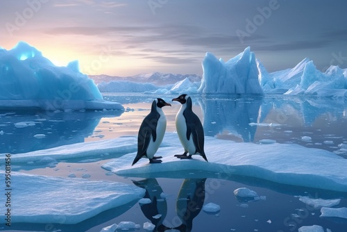 Two penguins stand on melting ice in Arctic Ocean at dusk at sunset  global warming concept  world global planet climate change. Two cute emperor penguins confused by ice melting. Generative AI