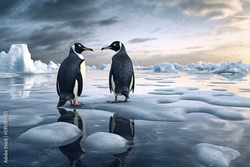 Two penguins stand on melting ice in Arctic Ocean at dusk at sunset  global warming concept  world global planet climate change. Two cute emperor penguins confused by ice melting. Generative AI
