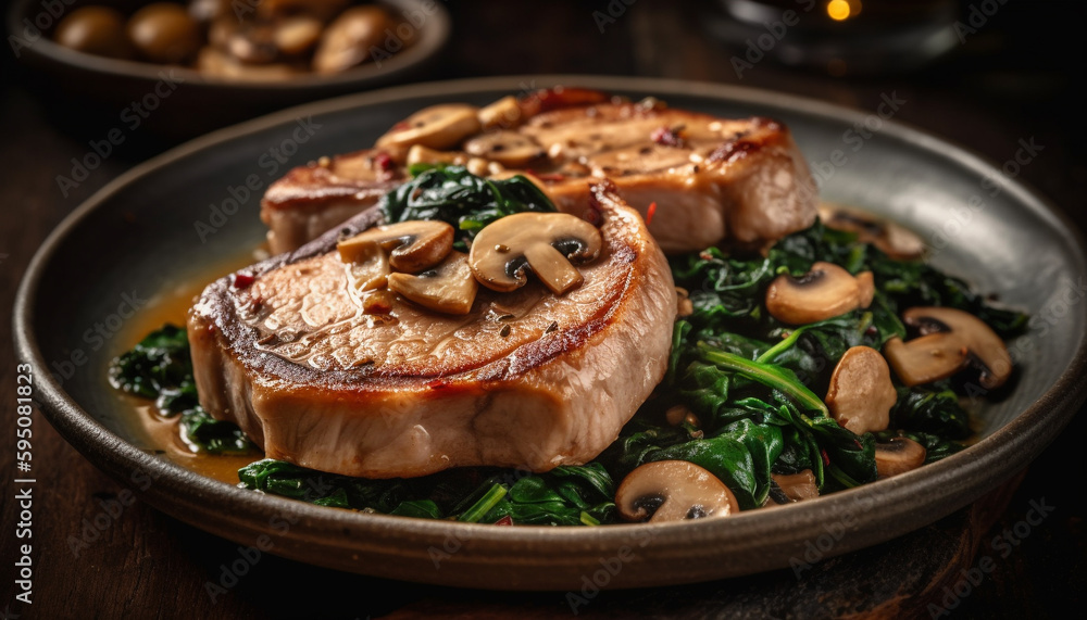 Grilled sirloin steak with edible mushroom slice generated by AI Grilled sirloin steak with edible mushroom slice generated by AI