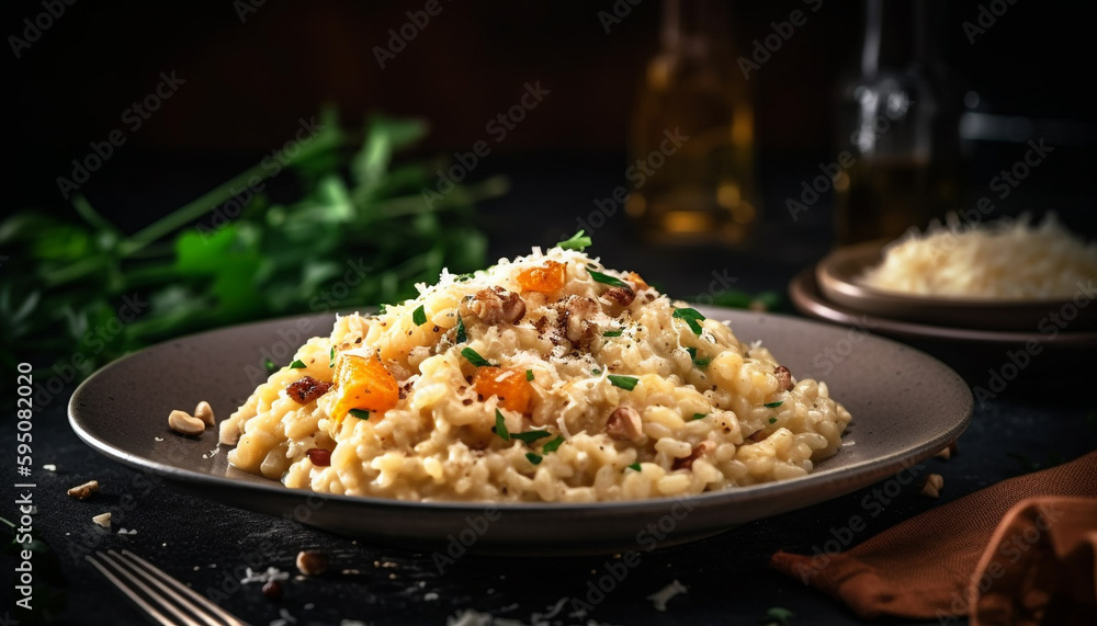 Freshly cooked risotto on rustic wooden plate generated by AI Freshly cooked risotto on rustic wooden plate generated by AI
