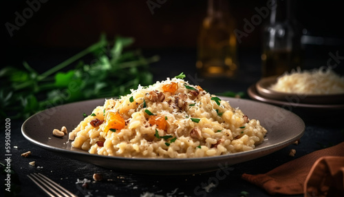 Freshly cooked risotto on rustic wooden plate generated by AI