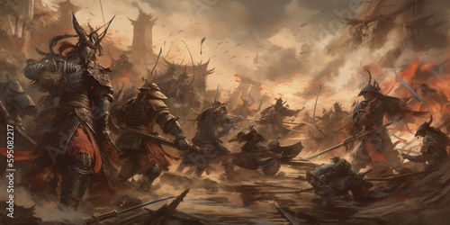 medieval battle of Japanese warriors. Samurai battle. AI generated