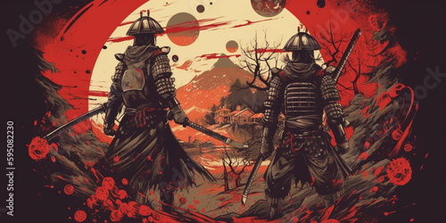 illustration of two samurai. Medieval japanese warriors. AI generated