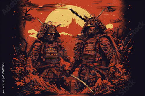 illustration of two samurai. Medieval japanese warriors. AI generated