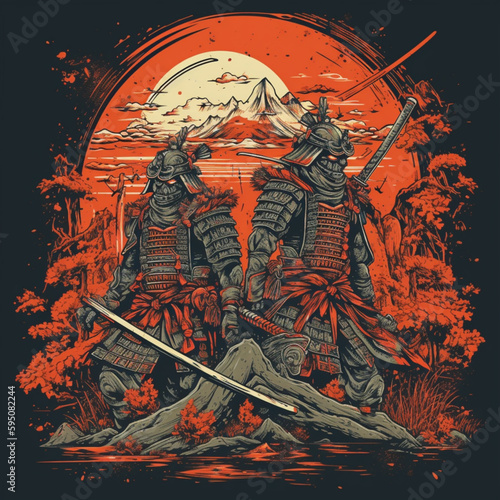 illustration of two samurai. Medieval japanese warriors. AI generated