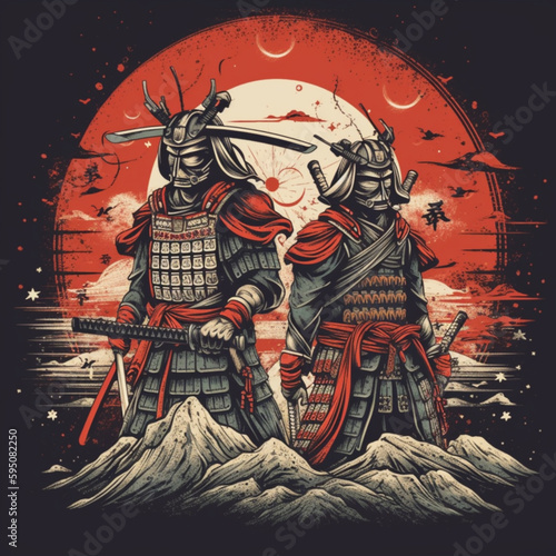 illustration of two samurai. Medieval japanese warriors. AI generated