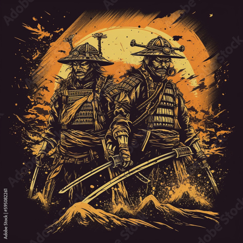 illustration of two samurai. Medieval japanese warriors. AI generated