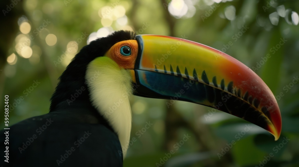 Naklejka premium Tucan in a cinematic tropical forest background with beautiful colors generative ai