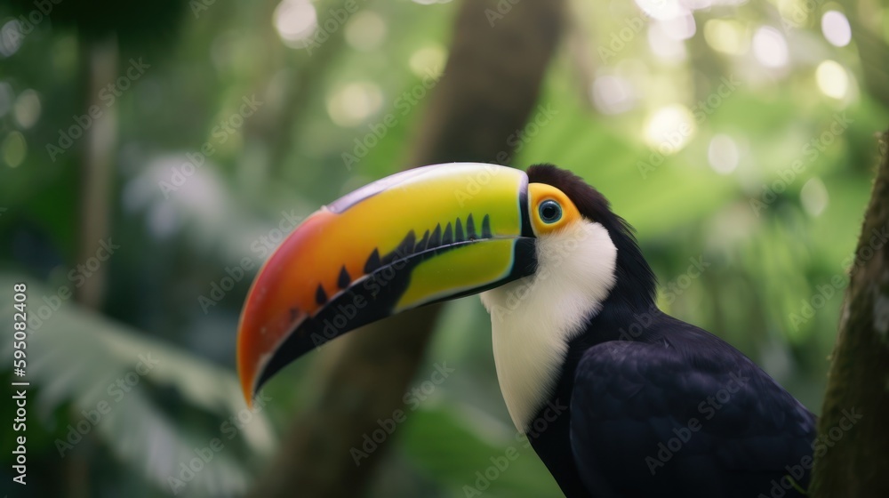 Tucan in a cinematic tropical forest background with beautiful colors generative ai Tucan in a cinematic tropical forest background with beautiful colors generative ai