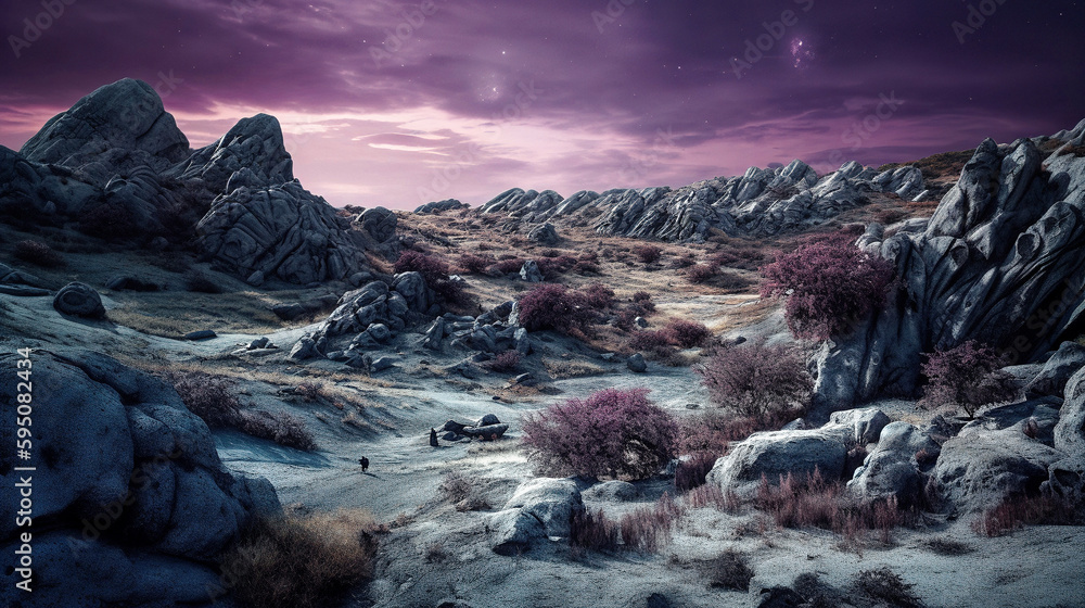A Landscape of a Vast Rocky Alien Terrain with a Purple Sky - generative AI