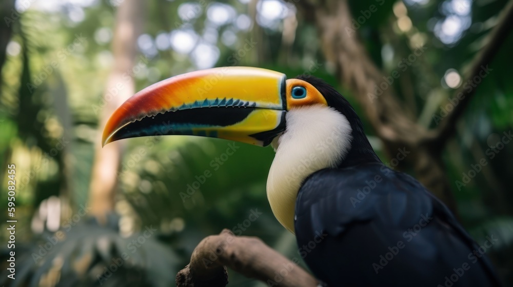 Obraz premium Tucan in a cinematic tropical forest background with beautiful colors generative ai