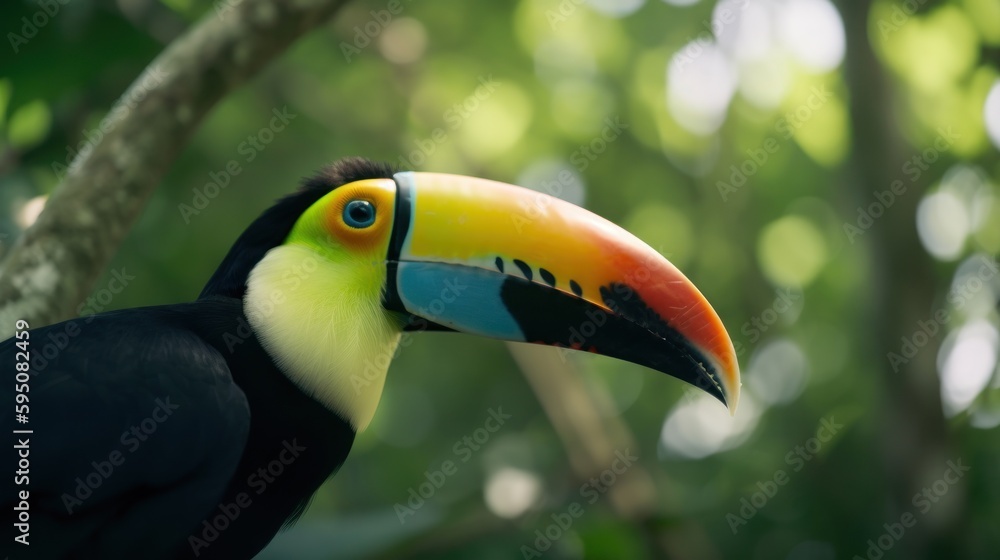 Naklejka premium Tucan in a cinematic tropical forest background with beautiful colors generative ai
