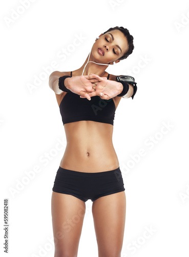 Stretching, body and fitness, woman with earphones and music app for workout motivation and focus in gym. Health, exercise and girl sports model with smartphone isolated on transparent png background