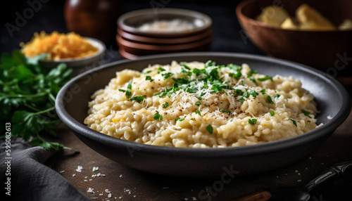 Fresh vegetarian risotto, cooked with parmesan cheese generated by AI
