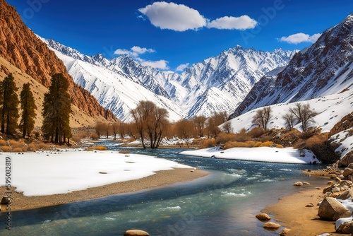 Gorgeous scenery with a river and snow-capped mountains. Indian state of Kashimir Generative AI photo