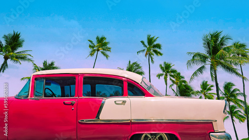 Fototapeta Naklejka Na Ścianę i Meble -  Pink classic car on a tropical beach with palm tree, vintage process