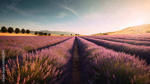 A captivating image of a field of lavender, with rows of vibrant purple flowers stretching into the distance, framed by a clear blue sky and illuminated by warm sunlight