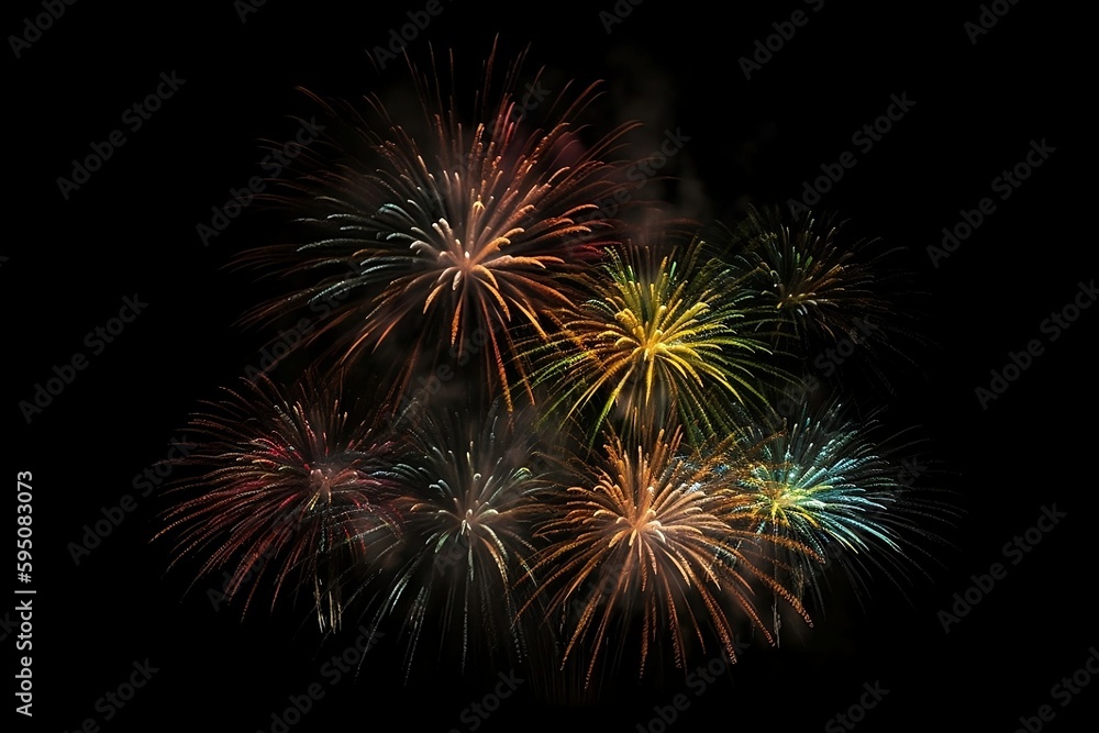 Colorful Firework on Black Background. Isolated Illustration with Glowing Lights