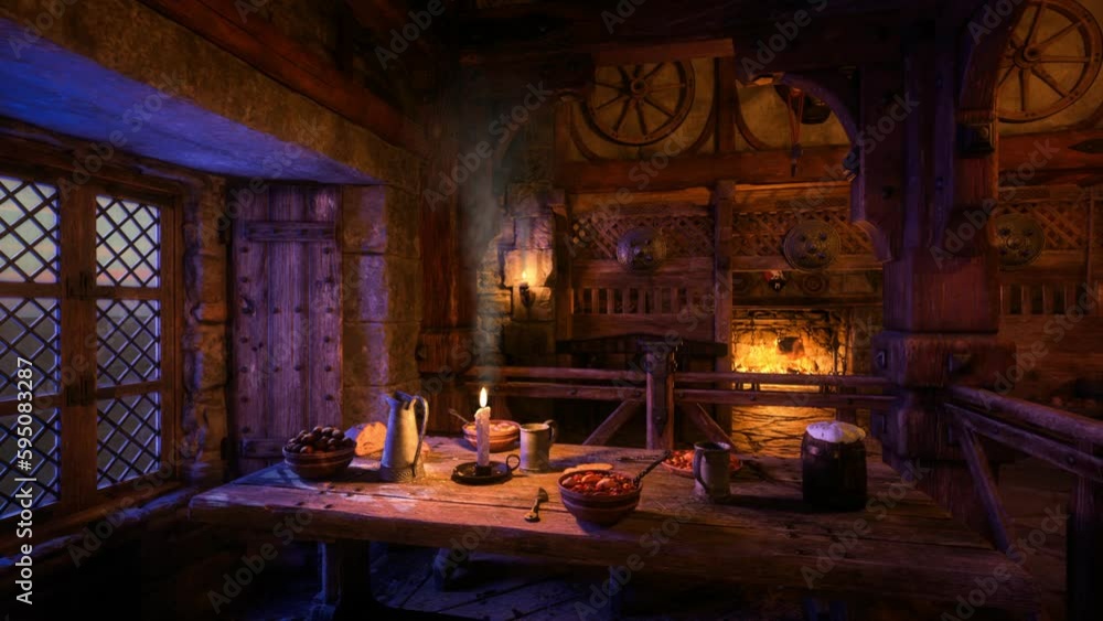 Atmospheric medieval tavern interior at night with flickering candle flame on a dining table and fireburning in the background. Atmospheric medieval tavern interior at night with flickering candle flame on a dining table and fireburning in the background.