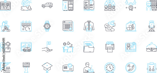 Workplace linear icons set. Office, Cubicle, Colleagues, Collaboration, Productivity, Desk, Breakroom line vector and concept signs. Zoom,Meeting,Commute outline illustrations