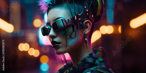 modern japanese geisha with futuristic sunglasses, crazy female cyborg portrait with metallic cybernetic ornaments, fictional person created with generative ai