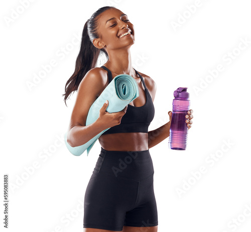 Happy woman in portrait, laughing with yoga mat and water bottle with fitness isolated on transparent, png background. Exercise, pilates and health, hydration with Indian female yogi with happiness