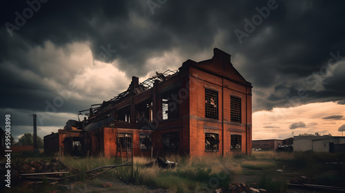 A striking image of an abandoned factory  with the weathered  rusting metal and crumbling brickwork creating a stark contrast against the surrounding landscape and dramatic sky