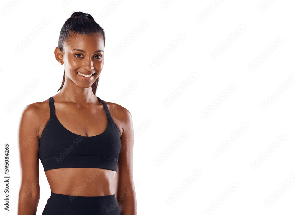 Smile, fitness and portrait of sports woman isolated on a transparent png background. Happy, exercise and athlete or female person from India ready to start training, workout or running for health. Smile, fitness and portrait of sports woman isolated on a transparent png background. Happy, exercise and athlete or female person from India ready to start training, workout or running for health.