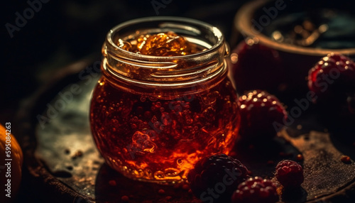 Fresh fruit and honey in rustic jar generated by AI