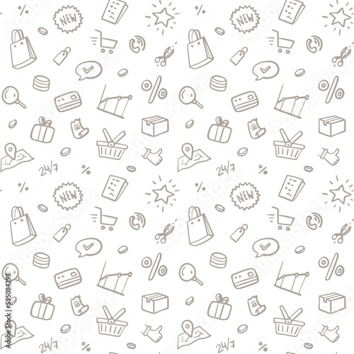 Seamless pattern online shopping. Thin line icons on white background. Sale on the internet. Discounts. Hand drawing illustrations.
