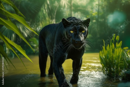a black panther walking across a body of water in front of a jungle scene with yellow eyes and a black body of water with green leaves. generative ai © Artur