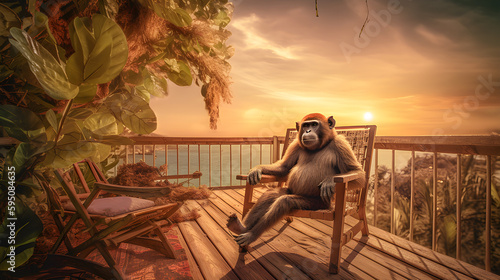  A monkey enjoys the sea view and the comfort of a wicker chair on a wooden deck. Generative AI © Goddy