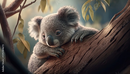 Wallpaper of a cute koala in a eucalyptus tree. Created with generative Ai technology