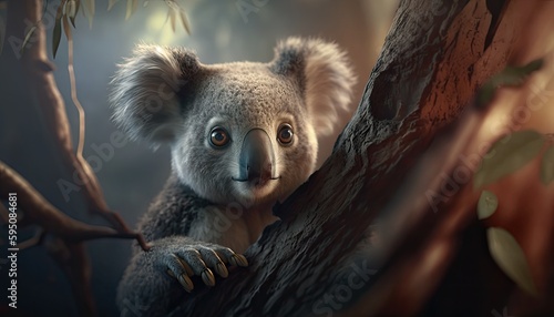 Wallpaper of a cute koala in a eucalyptus tree. Created with generative Ai technology
