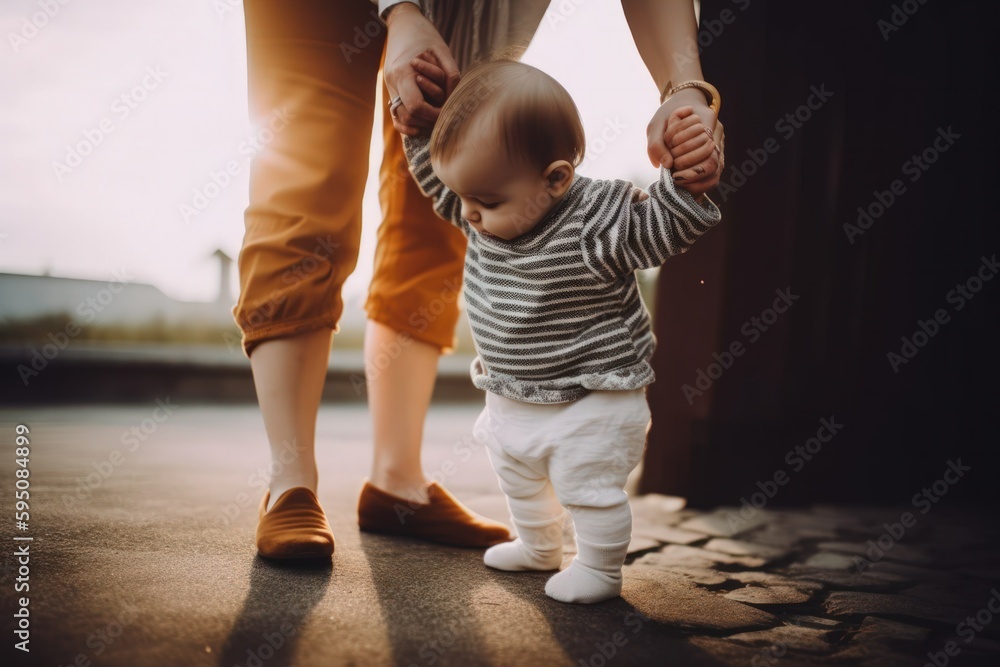 "Loving mother supporting her baby's first steps, holding the child's hands as they walk together. The touching moment captures the joy and excitement of a developmental milestone, generative ai - obrazy, fototapety, plakaty 