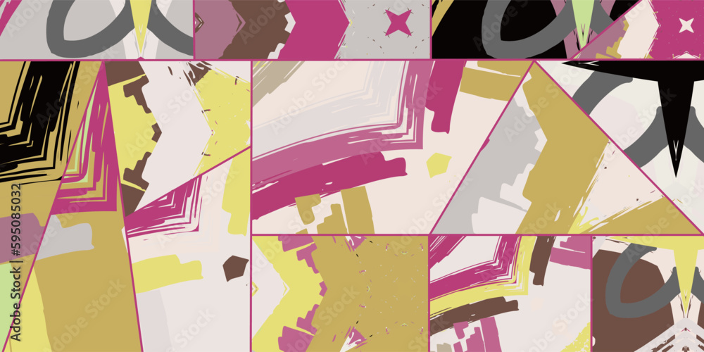 Fototapeta premium Abstract collage asymmetric pattern. Digital freehand art, grunge texture. Vector patchwork quilt background. Decorative elements, brush strokes ornament for flyer, poster, cover, textile fabric print
