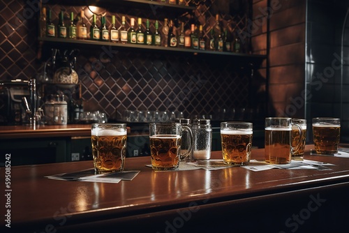 Glasses of beer on the bar counter. British pub with beer. Generative AI Generative AI