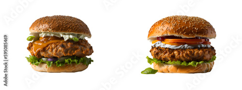 Set: Double the Flavor with a Set of Two Mouthwatering Crispy Chicken Burgers and Tomato Isolated on Transparent Background