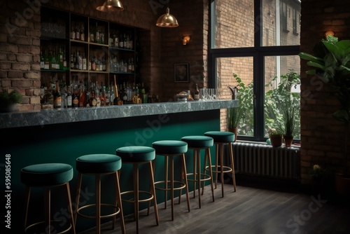 British pub green bar counter with alcohol on shelves with bar stools and brick walls. Loft style bar pub interior design. Generative AI © Snapshooter