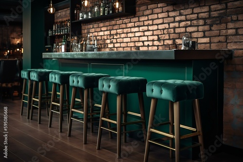 British pub green bar counter with alcohol on shelves with bar stools and brick walls. Loft style bar pub interior design. Generative AI