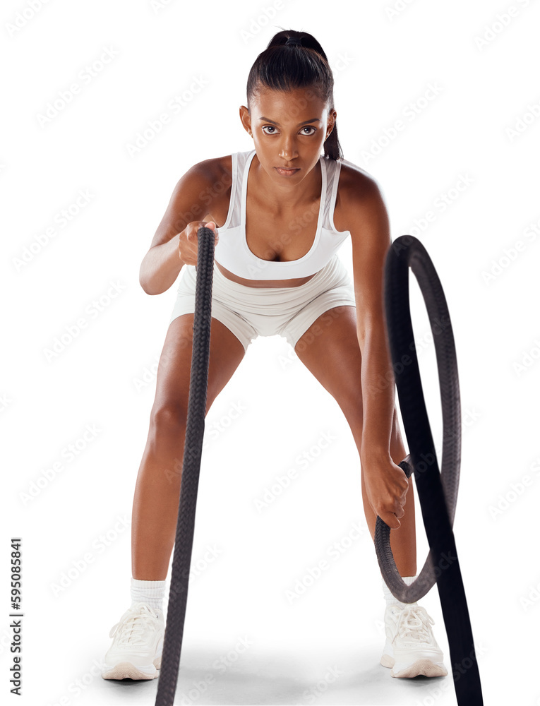 Woman with focus, fitness and battle rope workout, muscle training isolated on transparent, png background. Exercise, serious female athlete and cardio workout equipment, bodybuilding and endurance - obrazy, fototapety, plakaty 