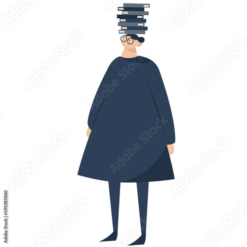 Woman with books on her head. Study, learning, self education, bookworm concept. International literacy day, book fair or festival. Fashion isolated vector illustration