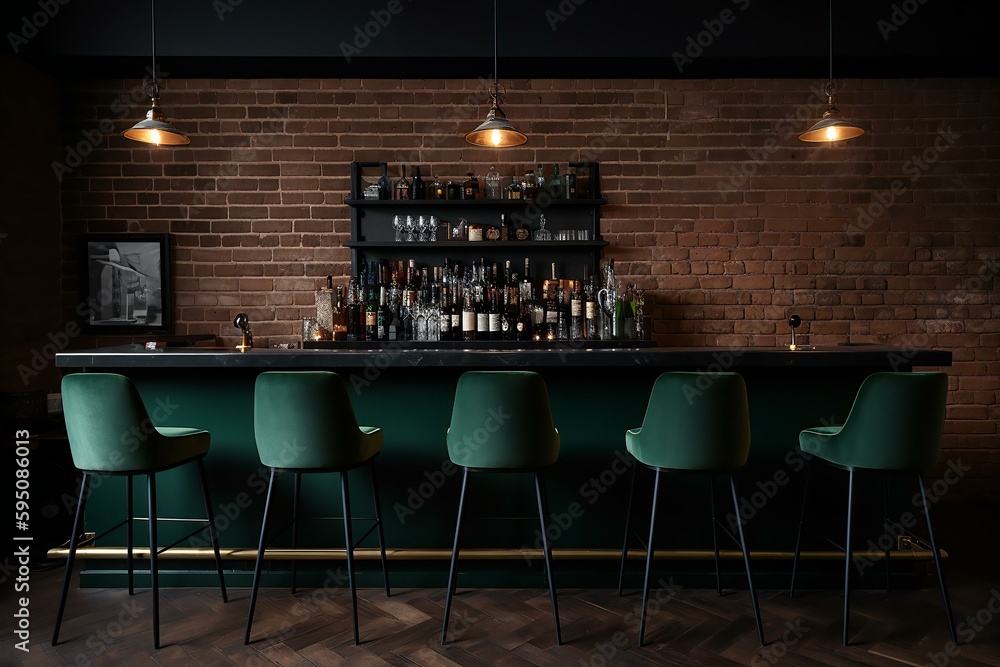 British pub green bar counter with alcohol on shelves with bar stools