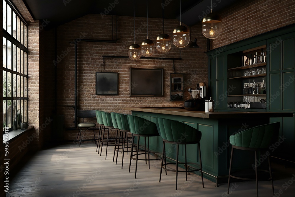 British pub green bar counter with alcohol on shelves with bar stools