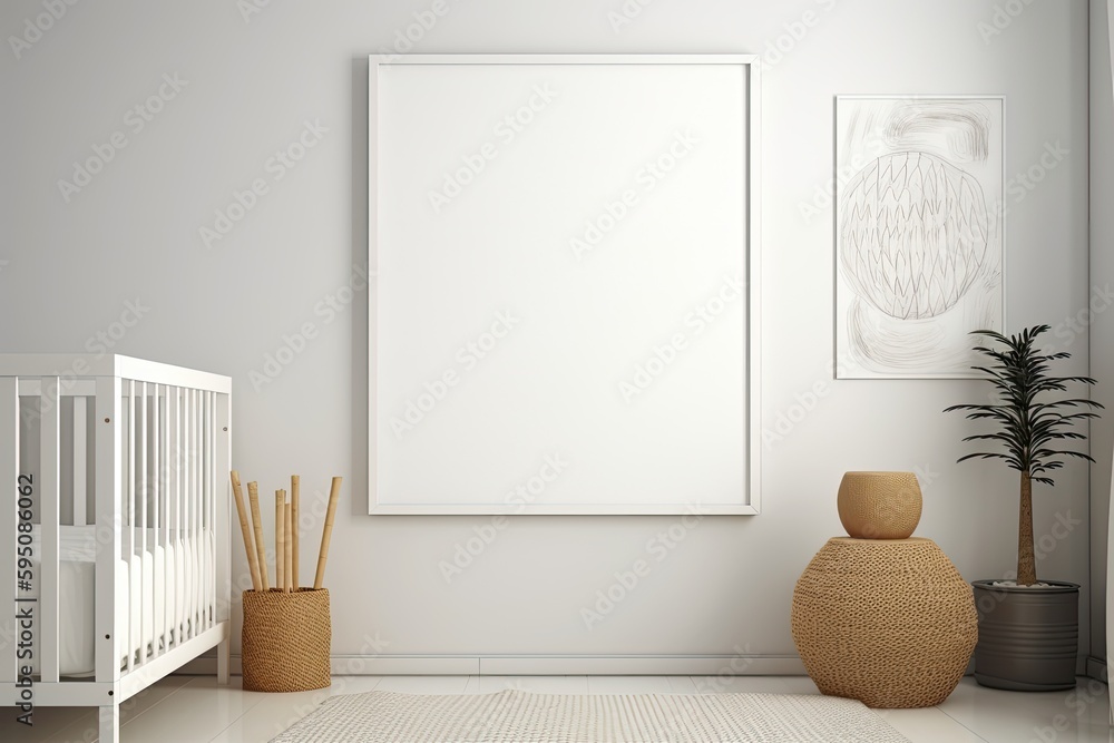 Boho style nursery with a blank canvas. Mockup/copyspace for product/design placement created using generative AI tools