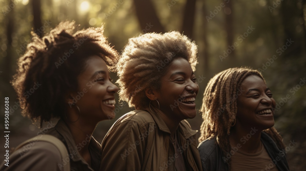 Obraz premium Fictional person. Group of retired aging elderly senior baby boomer black women getting fit in retirement, exercising, general wellness outdoor activities. Hiking nature walks. Laughing, happy.
